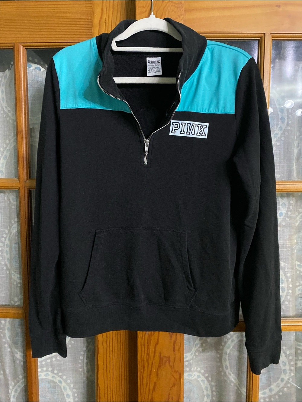 PINK Victoria's Secret Women’s Black Quarter-Zip Pullover with Teal Yoke Size L